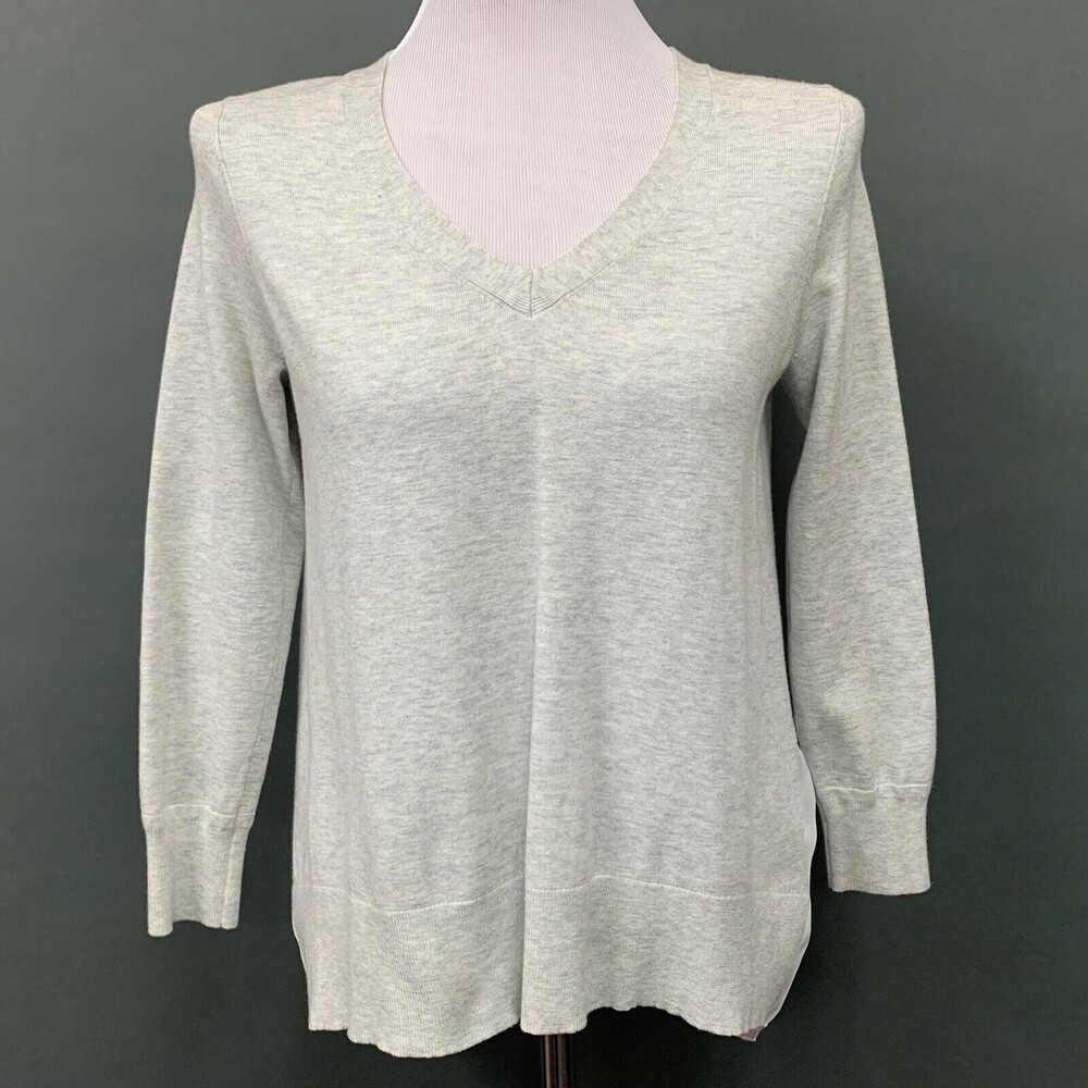 Karen Millen Top Size 2 Light Gray White Pleated Sheer Back V-Neck 3/4 Sleeve‎